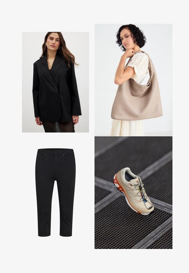 Zwarte blazer van soepele stof, met een notch-kraag, lange mouwen en een enkele knoop. Licht oversized, met minimale detailing.; Zwarte bustier met verstelbare spaghetti bandjes, voorzien van een gestructureerd panterprintpatroon en een gestructureerd paneelontwerp.; Zwarte cropped slim-fit broek met een ritssluiting en knoop aan de voorkant, en voor- en achterzakken, weergegeven op een witte achtergrond.; Beige hardloopschoen met oranje accenten, ontworpen met een gestructureerde bovenkant, zwarte buitenzool en geïntegreerde veters. Bevat GORE-TEX branding.; Geweven beige draagtas met een slungelige vorm en een enkele schouderband. Kenmerkt zich door een textuurpatroon over het hele oppervlak.; Gouden rechthoekige polshoroscoop met een gestructureerde lichtgroene wijzerplaat, twee zwarte uurmarkeringen, een gouden metalen armband en een minimalistisch ontwerp.