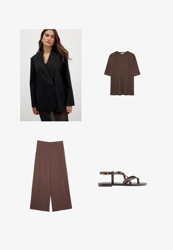 Black blazer made of smooth fabric, featuring a notched collar, long sleeves, and a single button. Slightly oversized, with minimal detailing.; Brown short-sleeve t-shirt made of soft fabric, featuring a round neckline and a relaxed fit. Smooth texture with no patterns or accents.; Brown wide-leg trousers with a smooth texture, featuring a high waist and front pleats. The fabric is lightweight and flows loosely.; Brown leather sandal featuring crisscross straps, an ankle buckle closure, and a flat sole with minimal stitching details.