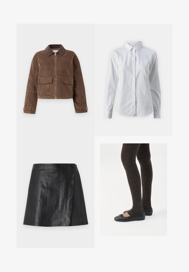 Hnedá kordrová skrátená bunda so zipsom vpredu, dvoma náprsné kapsami a hnedým kordrovým golierom. Textúrovaná tkanina s ryhovaným vzorom.; Biela košeľa s gombíkmi vyrobená z hladkej bavlny, s klasickým golierom, dlhými rukávmi a zakriveným lemom. Gombíky sú malé a biele.; Čierna mini sukňa z imitácie kože s prekrývajúcim predným detailom zaisteným gombíkom na pravej strane, hladká textúra a jemný lesk.; Čierne ploché topánky s malou mašľou na špičke, v kombinácii s tmavohnedými rebrovanými pančuchami. Topánky majú hladký povrch a nízky profil.