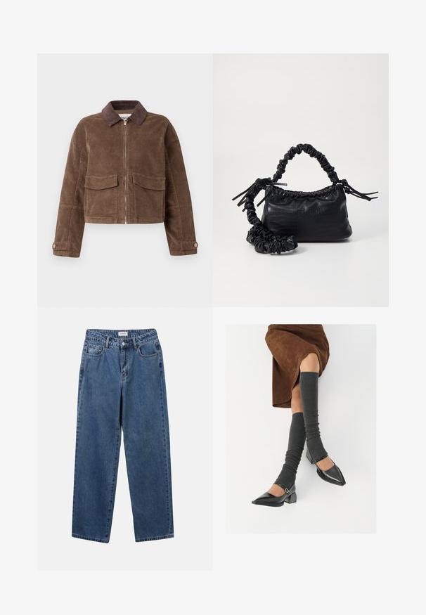 Bruine corduroy cropped jacket met een rits aan de voorkant, twee borstzakken en een bruinen corduroy kraag. Gestructureerde stof met een geribbeld patroon.; Witte overhemd met knopen van glad katoen, met een klassieke kraag, lange mouwen en een afgeronde zoom. De knopen zijn klein en wit.; Klassieke blauwe denim jeans met een rechte pijp, vijf zakken en een knoopsluiting. Heeft een middelgrote wasbeurt en stevige textuur.; Zwarte gepatineerde leren pumps met een puntige neus, een blokhak en een enkelbandje, gecombineerd met grijze geribde beenwarmers en een bruine suède rok.; Zwarte nepleer handtas met een krokodillenstructuur, opgedroogde bovenkant en een gekreukte hengsel. Het lijkt zacht en compact van ontwerp.
