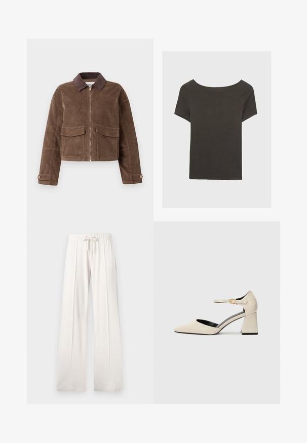 Brown corduroy cropped jacket with a zip front, two chest pockets, and a brown corduroy collar. Textured fabric with a ribbed pattern.; Dark grey short-sleeve top with a boat neckline. Made from ribbed fabric, featuring a relaxed fit and clean hemline. Simple design, no patterns.; Light beige sweatpants made of soft fabric, featuring a drawstring waist, wide legs, and vertical seams, with a smooth texture.; Beige faux leather block-heeled shoes with a pointed toe, ankle strap, and subtle crocodile texture detailing. Black inner lining.