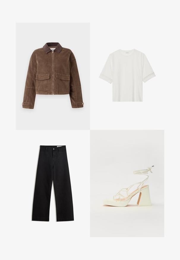 Braune Cordjacke mit kurzem Schnitt, Reißverschluss vorne, zwei Brusttaschen und einem Kragen aus braunem Cord. Strukturierter Stoff mit geripptem Muster.; Weißes T-Shirt mit kurzen Ärmeln aus Baumwolle, mit dekorativem Spitzenbesatz entlang der Ärmel und einem runden Ausschnitt.; Schwarze weit geschnittene Jeans mit hoher Taille, ausgestattet mit Vorder- und Hintertaschen, gesteppten Nähten und einem Knopfverschluss. Glatte Textur.; Weiße High-Heel-Sandale mit einem klobigen Absatz, die über ein Riemchendesign und ein Knöchelband verfügt. Glatte Textur mit einer Plattform vorne für zusätzliche Höhe.