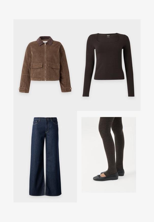 Veste cropped en velours côtelé marron avec fermeture éclair sur le devant, deux poches poitrine et un col en velours côtelé marron. Tissu texturé avec un motif en côtes.; Haut noir à manches longues, ajusté, avec un décolleté carré, étiqueté GAP, affiché sur un fond blanc.; Jean large en denim bleu foncé. Présente des coutures contrastées, cinq poches et une fermeture par bouton à la taille. Texture lisse.; Chaussures plates noires avec un petit nœud au niveau des orteils, associées à des collants côtelés marron foncé. Les chaussures ont une texture lisse et un profil bas.