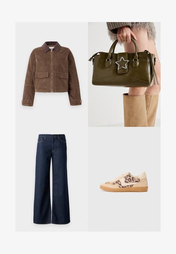 Bruine corduroy cropped jacket met een rits aan de voorkant, twee borstzakken en een bruinen corduroy kraag. Gestructureerde stof met een geribbeld patroon.; Zwarte lange mouwen, getailleerde top met een vierkante halslijn, gelabeled GAP, weergegeven op een witte achtergrond.; Stijlen met wijde pijpen in donkerblauw denim. Kenmerkt zich door contrasterende stiksels, vijf zakken en een knoopsluiting in de taille. Soepele textuur.; Luipaardprint sneakers met een beige suède bovenkant, tan rubberen zool en witte accenten. Ronde neus en vetersluiting met een gestructureerde afwerking.; Olijf groen neplederen handtas met zilveren steraccent, dubbele handvatten en een ritssluiting. Gelaagd oppervlak en gestructureerde vorm.
