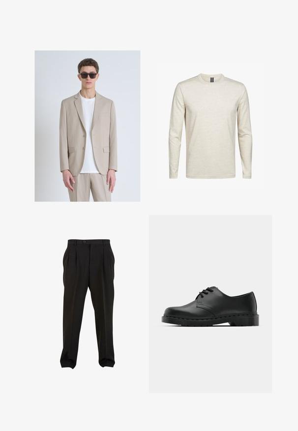 Blazer beige sartorial con due bottoni frontali, revers a punta, tasche laterali, indossato sopra una T-shirt bianca. Gli accessori includono occhiali da sole scuri.; T-shirt a maniche lunghe in beige chiaro, realizzato in cotone morbido. Presenta un colletto tondo e un design minimalista senza motivi o accenti.; Pantaloni neri in tessuto morbido, con pieghe frontali, vita con bottone e polsini a gamba affusolata. Silhouette classica e sartoriale.; Scarpa oxford in pelle nera con design con lacci, punta arrotondata, suola piatta in gomma e dettagli di cucitura discreti lungo la parte superiore.