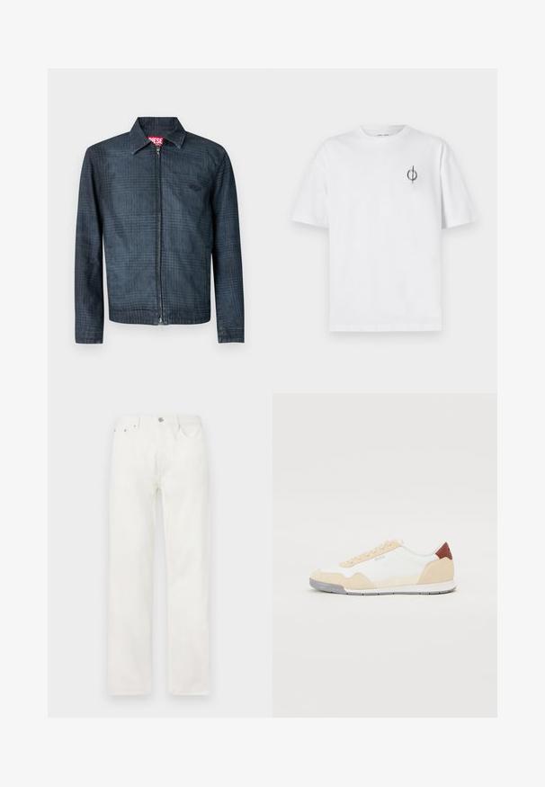 Tamsiai mėlyna džinsinė striukė su struktūrizuotu dizainu, pilna priekinio užtrauktuko ir apykakle. Yra subtilus languoto rašto piešinys ir logotipas.; Balta medvilninė marškinė su laisvu siluetu, su mažą juodą grafiką logotipą kairėje krūtinės pusėje. Trumpomis rankovėmis, apvaliu kaklu.; Baltos džinsinės kelnės su tiesiu kojų siluetu, užsegimu su mygtuku ir užtrauktuku, penkių kišenių dizainu ir be matomų raštų ar akcentų.; Sportiniai batai su balto tinklinio viršumi, kreminės zomšos akcentais ir raudonu odiniu kulno detaliu. Guminis padas su tekstūruotais raštais, užtikrinančiais sukibimą.