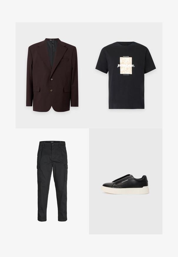 Selected Homme SLHRELAX - Bleizers - demitasse; Melna kokvilnas T-kreklā ar apaļu kakla izgriezumu. Priekšpusē ir beigu taisnstūra grafika un balti burti "JAWO", kas ir centrēti. Īsas piedurknes.; Melnas kravas bikses, izgatavotas no izturīga auduma, ar vairākiem kabatām, pogu aizdari un šaura piegriezuma dizainu ar sašaurinātiem kāju apakšiem.; Melna slip-on kedu ar teksturētu ādas augšdaļu, baltu gumijas zoli un bez redzamām šņorcēm. Uz sāna ir zīmola logo.