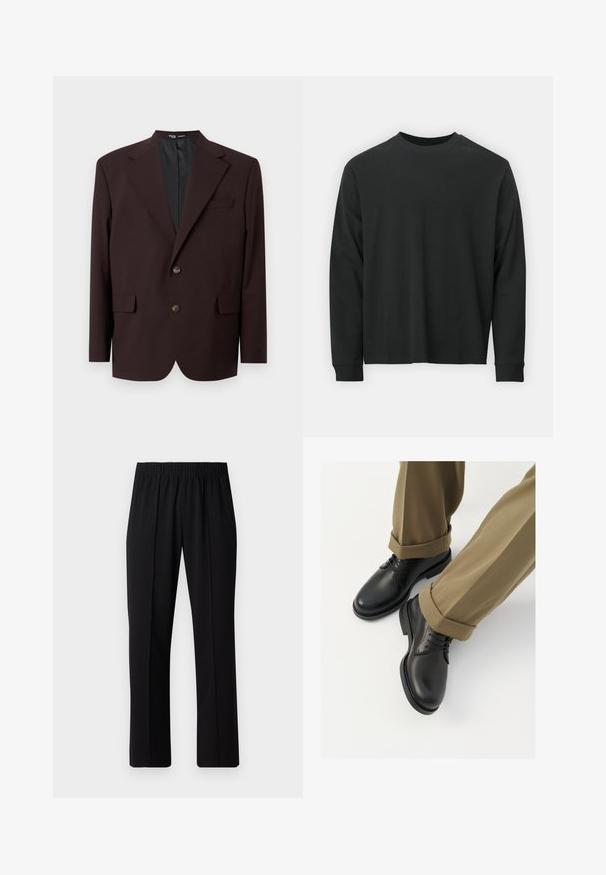 Selected Homme SLHRELAX - Bleiserjakk - demitasse; Pika pikkade varrukatega must T-särk, mis on valmistatud puuvillast, ümarate kaelustega, lohvaka lõikega ja soonikute mansettidega. Sujuv tekstuur, ilma nähtavate mustriteta.; Mustad, elastse puusärgid sirge säärega, mis on sileda tekstuuriga ja ilma nähtavate mustrite või riistadega.; Mustad mustad naha kingad, millel on sile viimistlus, sidemed ja ümar nina, on kombineeritud üleskeeratud khaki pükstega.