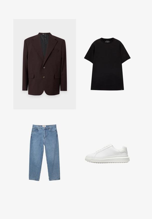 Selected Homme SLHRELAX - Kavaj - demitasse; PULL&BEAR JOIN LIFE - T-shirt - bas - black; Ljust blå denimjeans med rak benställning, femfickorsdesign och en synlig märkesetikett vid midjan.; Vit sneaker med en slät syntetisk ovandel, rund tå, platta snörningar, strukturerad sula och en lager-på-lager plattformdesign för extra höjd.