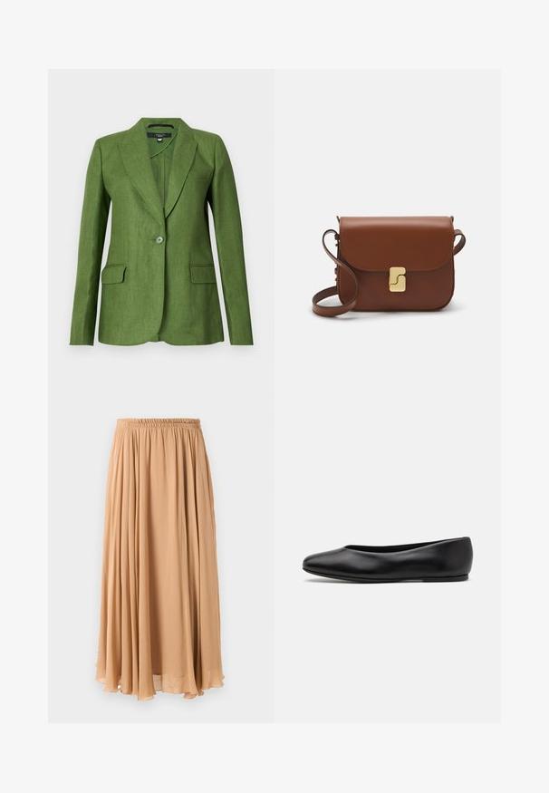 Žalias lininis švarkas su struktūrizuotu dizainu, notch tipo atvartais, vieno mygtuko užsegimu ir dviem priekinių kišenių. Tekstūruota medžiaga su matinio paviršiaus užbaigimu.; Šviesiai kreminis sutrumpintas megztinis su užtrauktuku ir apykakle, turintis tekstūruotą raštą bei gaubtus ir apykaklę su banguotais kraštais. Sujungia megztą ir audinį.; Šviesiai bežinė maksi sijonas, pagamintas iš lengvos medžiagos. Turi surinktą elastingą juosmenį ir švelnius klostes, užtikrinančius judėjimą.; Paul Smith TOPANGA - Balerinos stiliaus laivutės - black; Ruda odinė rankinė su uždaromu dangteliu, aukso spalvos detalėmis, petneša ir lygiu paviršiumi. Kompaktiška stačiakampio formos.