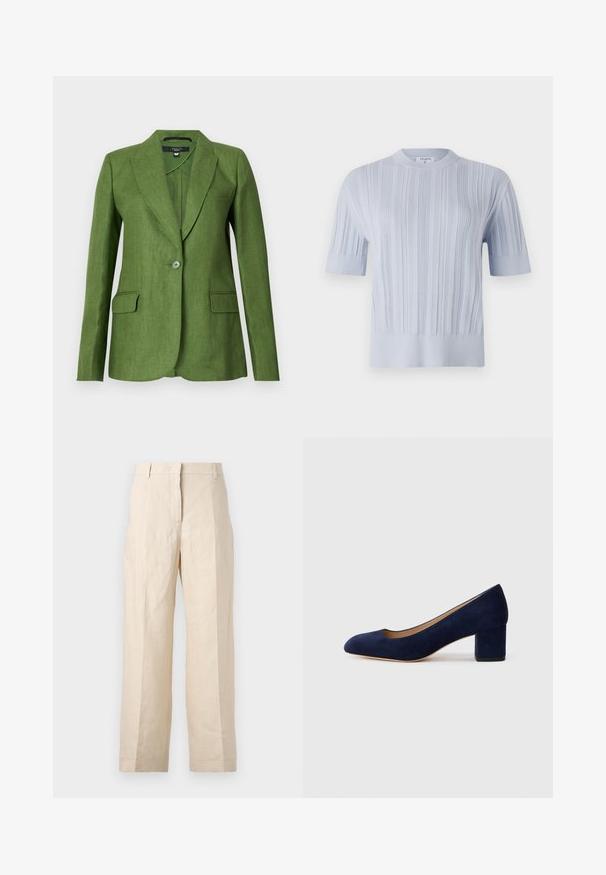 Zeleni laneni blejzer sa strukturiranim dizajnom, reverima, zatvaranjem na jedan dugme i dva prednja dzepa. Tekstuirana tkanina s mat završetkom.; Svijetloplava kratkotrajna pletena majica s kratkim rukavima koja ima vertikalnu rebrastu teksturu i okrugli izrez. Tkanina pokazuje suptilne detalje s uskim rubom.; Bež lanene hlače s opuštenim krojem, nabranim prednjim dijelom i ravnim nogavicama. Imaju pojas s petljama za remen i bez vidljivih džepova.; Tamno plava suede salonka s šiljastim vrhom i blok petom srednje visine. Glatka tekstura s blagim sjajem i malim izrezom sprijeda.