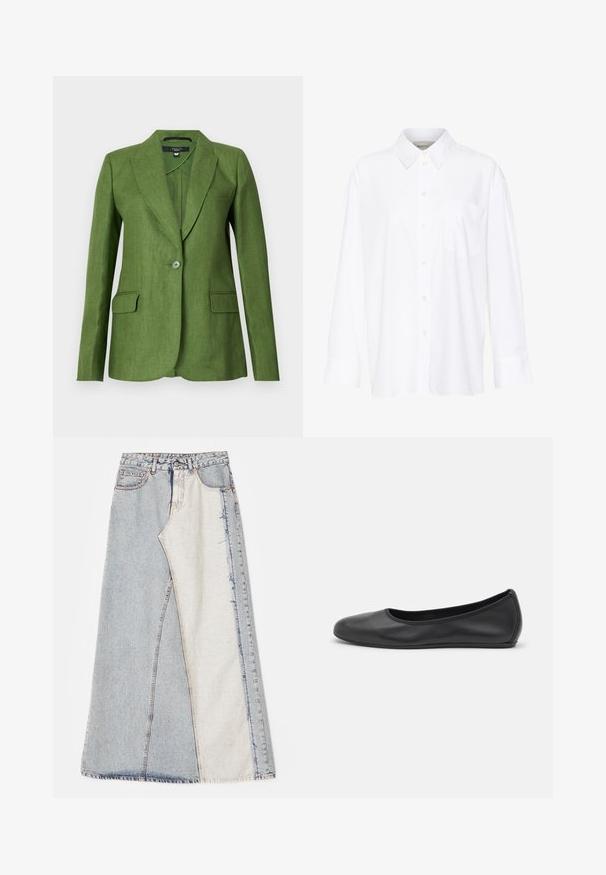 Green linen blazer with a structured design, notch lapels, single button closure, and two front pockets. Textured fabric with a matte finish.; White long-sleeve collared shirt made of cotton. Features a button-down front and a single chest pocket. Smooth texture, relaxed fit.; Denim skirt featuring a patchwork design with light and medium blue sections, frayed hems, and a high waist. Classic five-pocket style.; Black leather ballet flat with a rounded toe, smooth texture, minimal stitching detail, and a flexible sole design.