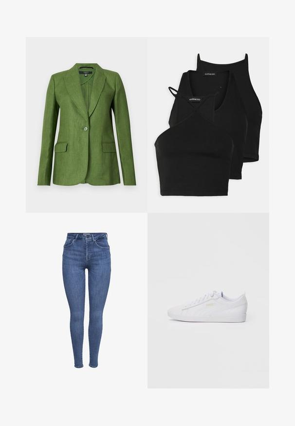 Green linen blazer with a structured design, notch lapels, single button closure, and two front pockets. Textured fabric with a matte finish.; Black cropped tops in soft, stretchy fabric with thin straps and a crisscross design. Features a rounded neckline and seamless finishing.; Blue high-waist skinny jeans with front pockets, button, zipper closure, and belt loops, displayed on a white background.; White low-top Puma sneaker with lace-up front, subtle branding on side and sole, and smooth synthetic upper for casual wear.