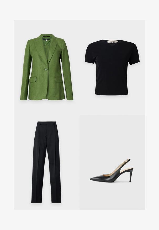 Žalias lininis švarkas su struktūrizuotu dizainu, notch tipo atvartais, vieno mygtuko užsegimu ir dviem priekinių kišenių. Tekstūruota medžiaga su matinio paviršiaus užbaigimu.; Juodas trumpas rankovės marškinėliai su V formos iškirpte, pagaminti iš lygaus, tampraus audinio. Pasižymi paprasta, klasikinė siluetu be dekoracijų.; Juodos kelnės iš lygaus audinio, pasižyminčios aukštu liemeniu, plačiomis kojomis, priekinėmis klostėmis ir klasikiais diržo kilpomis. Šoninių kišenių nematyti.; Juodos odinės slingback aukštakulnės bateliai su smailiu nosiu, reguliuojama juosta ir elegantišku stiletto kulnu, pasižymintys lygia apdaila.