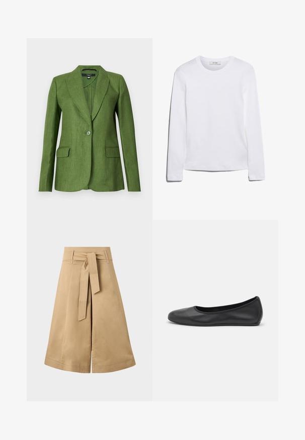 Zielony lniany blazer o zorganizowanym kroju, z klapami, jednolitym zapięciem na jeden guzik i dwiema przednimi kieszeniami. Teksturowana tkanina o matowym wykończeniu.; Biała koszulka z długim rękawem wykonana z prążkowanej bawełny, z okrągłym dekoltem i prostym dołem. Prosty design bez wzorów i akcentów.; Khaki midi spódnica w stylu wrap z paskiem do przewiązania, wykonana z lekkiej bawełny, z rozszerzanym fasonem i widocznymi detalami szycia.; Czarne skórzane baletki z zaokrąglonym noskiem, gładką fakturą, minimalnymi przeszyciami i elastycznym designem podeszwy.