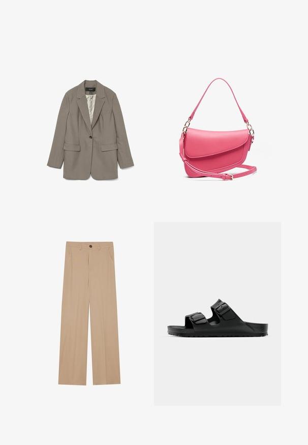 Pelēks žakets, kas izgatavots no gludas auduma, ar vienu melnu pogu, naža formas apkakli, divām priekšējām kabatām un satīna apdari iekšpusē.; Trīs bezpiedurkņu džemperi krēma, pelēkā un melnā krāsā. Katram ir ribota apkakle un apakšdaļa, izgatavoti no mīksta adīšanas materiāla.; Bēša platlegu bikses ar gludu tekstūru, kas aprīkotas ar divām sānu kabatām, priekšējo pogu aizdari un smalkiem krokām papildu detaļām.; Melni gumijas čības ar divām regulējamām siksnām, teksturētu zoli un biezām reljefām zolēm, piedāvājot minimālistisku dizainu.; Rozā ādas rokassoma ar strukturētu formu, ar atloku aizdari, regulējamu siksnu un zelta toņu metāla aksesuāriem. Tekstūrēta virsma.