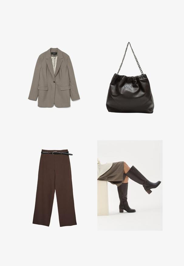 Sivi blejzer od glatkog materijala s jednim crnim dugmetom, reverima u obliku nokta, dva prednja džepa i postavom od satena.; Smeđi kratki rukav majica od mekog materijala, s okruglim izrezom i opuštenim krojem. Nema vidljivih uzoraka ili naglasaka.; Smeđe hlače širokih nogavica glatke teksture, s crnim remenom i krojenim pojasom, koje pružaju strukturirani kroj.; Smeđe kožne čizme do koljena sa četvrtastim vrhom, robusnim potpeticama i bočnim zatvaračem. Glatka tekstura s sjajnim finišem.; Smeđa kožna torba s naboranim vrhom i lančićem za nošenje. Glatka tekstura s sjajnim završetkom i suptilnim šavnim detaljima sa strane.
