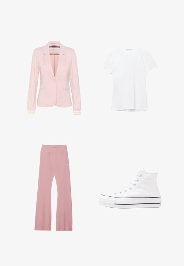 Light pink blazer made from soft fabric, featuring a notched lapel, two front pockets, a single button closure, and striped sleeve cuffs.; White short-sleeve t-shirt made from smooth fabric, featuring a round neckline and subtle stitching details at the hem.; Light pink ribbed leggings with wide flared legs, featuring a cross-over waistband and minimal branding on the front.; White high-top canvas sneaker with black rubber sole, front rubber toe cap, and six eyelets for laces, featuring a clean, minimalist design.
