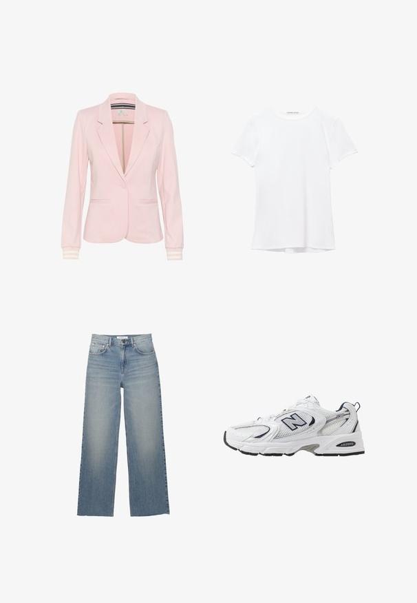 Helles pinkes Blazer aus weichem Stoff, mit Reverskragen, zwei vorderen Taschen, einem Einzelknopfverschluss und gestreiften Ärmelabschlüssen.; Weißes T-Shirt mit kurzen Ärmeln aus glatter Stoffqualität, mit rundem Ausschnitt und dezenten Nähten am Saum.; Helle blaue weit geschnittene Jeans aus Denim mit hoher Taille, vorderen Taschen und einem Knopfverschluss. Glatte Textur mit ausgewaschenen Stellen.; Weißer Sportschuh mit Mesh-Obermaterial, navyblauen Akzenten und gepolsterter Sohle. Verfügt über das "N"-Logo, Schnürsenkel und eine strukturierte Detailverarbeitung an der Seite.