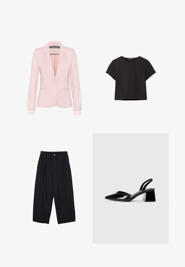 Svetlo roza blazer iz mehkega blaga, ki ima izrezan ovratnik, dve sprednji žep, en gumb za zapiranje in črtaste manšete.; Črn kratki top s kratkimi rokavi, narejen iz mehkega materiala, z okroglo izrezom in sproščenim krojem ter čistim robom.; Črne poliesterske culotte hlače z elastičnim pasom, dvema sprednjima nabiranjema in ohlapnim krojem. Brez vidnih vzorcev ali kovinskih detajlov.; Črne lakirane slingback pete s koničastim nosom in geometrijsko blokasto peto. Imajo eleganten, minimalističen dizajn in gladko teksturo.