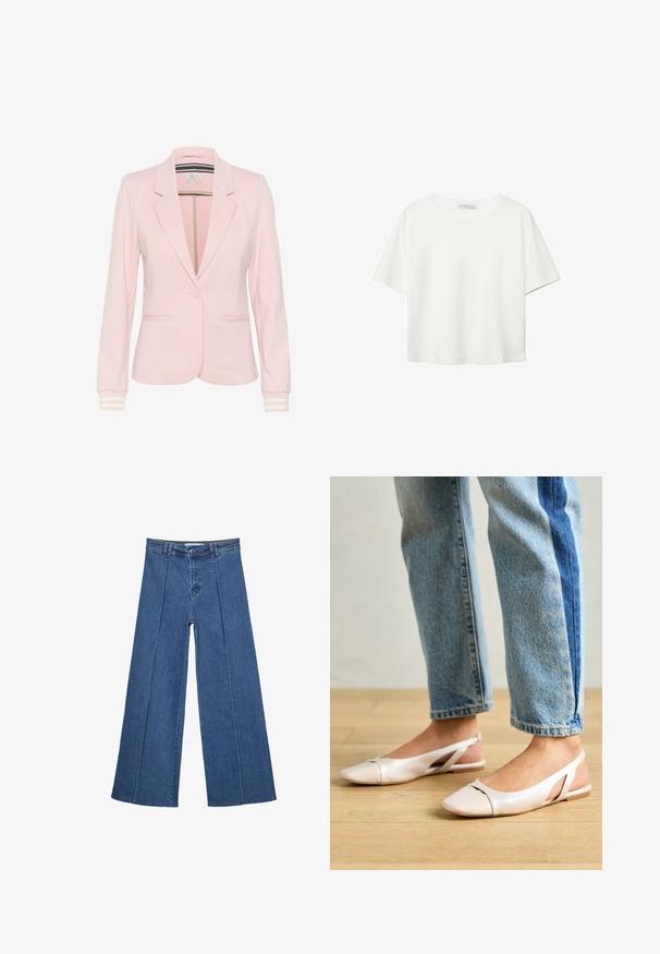 Jasnoróżowa marynarka wykonana z miękkiego materiału, z klapami, dwiema przednimi kieszeniami, zapięciem na jeden guzik oraz paskami na mankietach.; Biała koszulka z krótkim rękawem, wykonana z bawełny. Posiada okrągły dekolt i luźny krój. Gładka faktura bez widocznych wzorów czy akcentów.; Jeans typu wide-leg w średnim niebieskim kolorze, z wysokim stanem, zapięciem na guziki oraz kontrastowymi szwami pionowymi z przodu.; Jasnoróżowe baleriny na odkrytej pięcie z wąskim noskiem, wykonane z gładkiego materiału imitującego skórę. Posiadają wycięcia po bokach oraz płaski obcas.