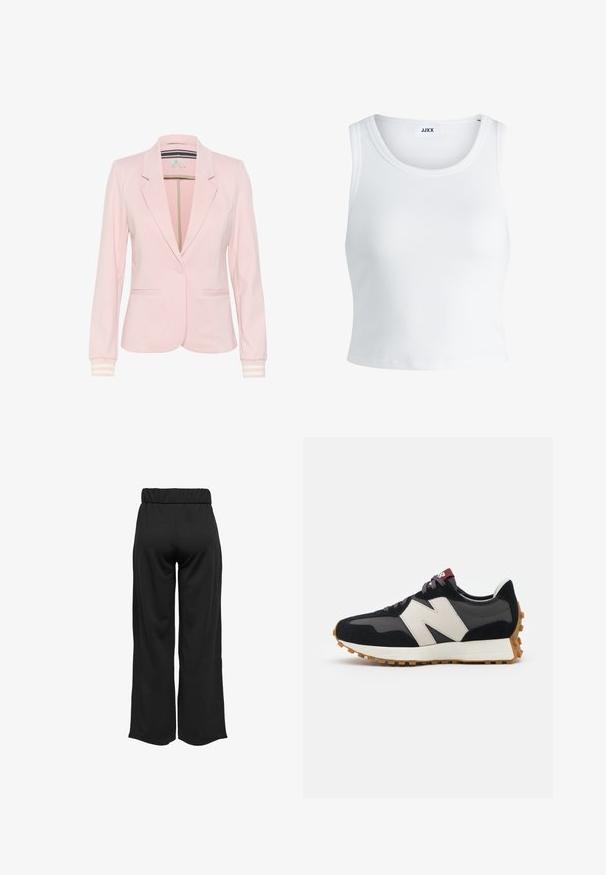 Light pink blazer made from soft fabric, featuring a notched lapel, two front pockets, a single button closure, and striped sleeve cuffs.; White ribbed tank top featuring a round neckline, sleeveless design, and a cropped length. Label reads "JJXX." Smooth fabric texture.; Black, wide-leg pants with an elastic waistband, made from smooth fabric. Features a clean design with no pockets or visible stitching details.; Black and gray suede sneaker with a large cream-colored "N" logo, purple laces, and a textured gum rubber outsole.