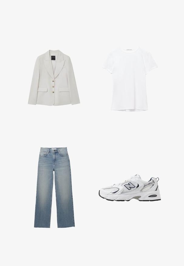 Blazer beige con una vestibilità sartoriale, frontale doppiopetto, revers a scasso, dettagli con bottoni dorati e due tasche frontali. Tessuto dal tocco morbido.; T-shirt bianco a maniche corte realizzato in tessuto liscio, caratterizzato da un colletto rotondo e dettagli di cucitura discreti all'orlo.; Jeans a gamba larga di un azzurro chiaro, realizzati in denim, con vita alta, tasche frontali e chiusura con bottone. Texture liscia con zone sbiadite.; Scarpa sportiva bianca con tomaia in mesh, dettagli in blu marino e suola imbottita. Presenta il logo "N", lacci e dettaglio texturizzato sul lato.