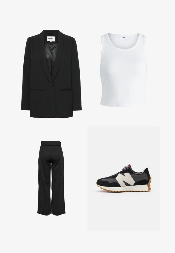 ONLY KLASSISCHER - Kratka jakna - black; Bijela rebrasta majica bez rukava s okruglim izrezom i skraćenom dužinom. Na etiketi piše "JJXX." Glatka tekstura tkanine.; Crne hlače širokih nogavica s elastičnom waistbandom, izrađene od glatkog materijala. Imaju jednostavan dizajn bez džepova ili vidljivih šavova.; Crne i sive suede tenisice s velikim kremastim logom "N", ljubičastim pertlama i teksturiranim gumiranim potplatom.