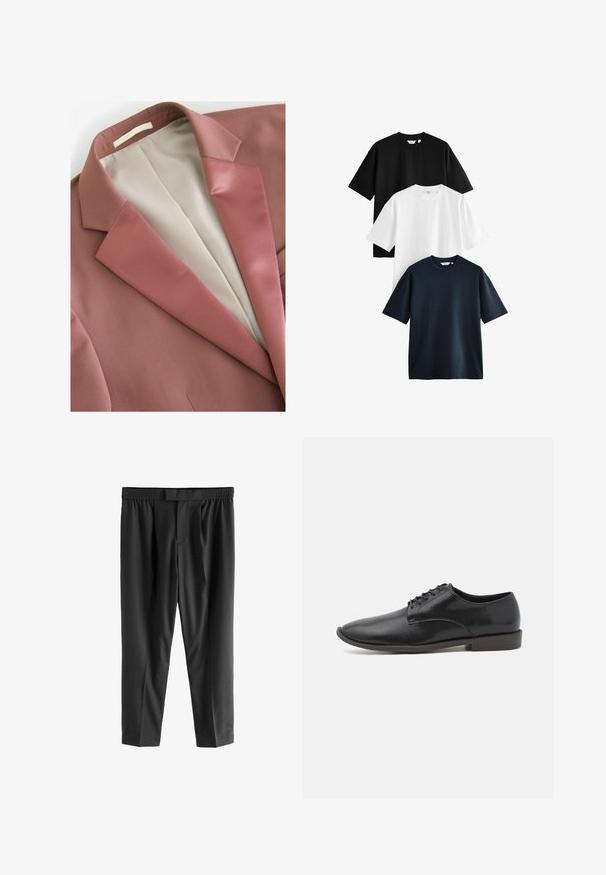 Rostfarbener Blazer mit glatter Textur, ausgestattet mit einem satinartigen Revers und creamfarbiger Fütterung. Einfaches Design ohne sichtbare Muster oder Beschläge.; Drei kurzärmlige T-Shirts übereinander gestapelt: eines in Schwarz, eines in Weiß und eines in Marineblau. Hergestellt aus Baumwolle mit Rundhals und lockerer Passform.; Next REGULAR FIT -CHECK SMART - Chino - black; Schwarze Leder-Schnürschuhe mit glatter Oberfläche, abgerundeter Zehenpartie und einer gummierten, flachen Sohle. Minimalistisches Design ohne zusätzliche Verzierungen.