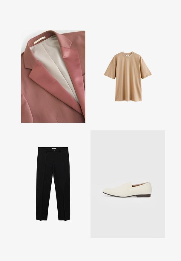 Rustfarvet blazer med en glat tekstur, der har en satin revers og en cremefarvet foring. Enkel design uden synlige mønstre eller metaldele.; Kortærmet beige t-shirt i bomuld med rund hals og afslappet pasform, der har en glat tekstur og ingen mønstre eller accenter.; Sorte skræddersyede bukser med lige snit, der har en enkelt knap lukning, bæltestropper og frontfolder. Lavet af et glat stof.; Lys beige loafers med spids tå, glat materiale, en rem over vampen og en lav brun sål. Simpelt design med minimale detaljer.