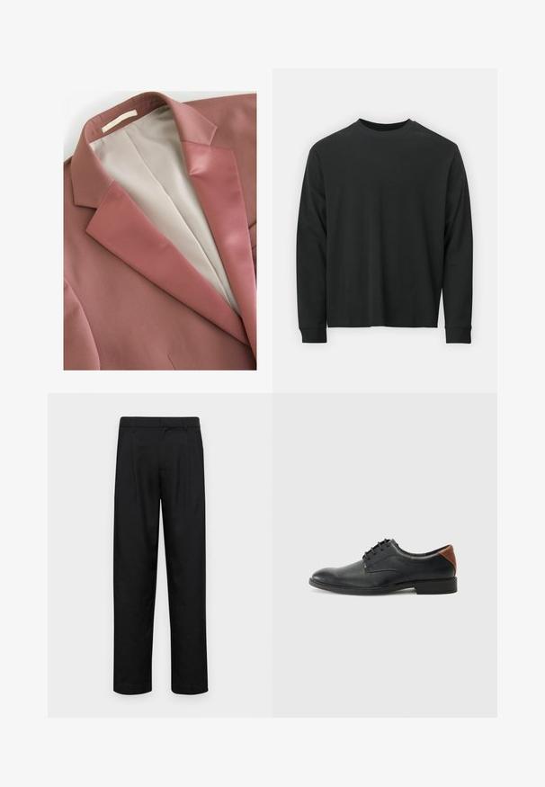 Rūdžių spalvos švarkas su lygiu paviršiumi, turintis satino apykaklę ir kreminės spalvos pamušalą. Paprastas dizainas, be matomų raštų ar detalių.; Ilga melsva juoda marškinėliai, pagaminti iš medvilnės, su apvaliu iškirpimu, laisvu siluetu ir ripsuota apykakle. Lygus paviršius be matomų raštų.; Juodi kelnių modeliai, pagaminti iš lygios medžiagos, turi tiesią kojas, du priekiniai klostės ir standartinę juosmenį su diržo kilpomis.; Vyrų juodų odinių batų su raišteliais, apvaliu pirštu, su ruda odine akcento detalė ant kulno ir žemu juodu guminiu padu.