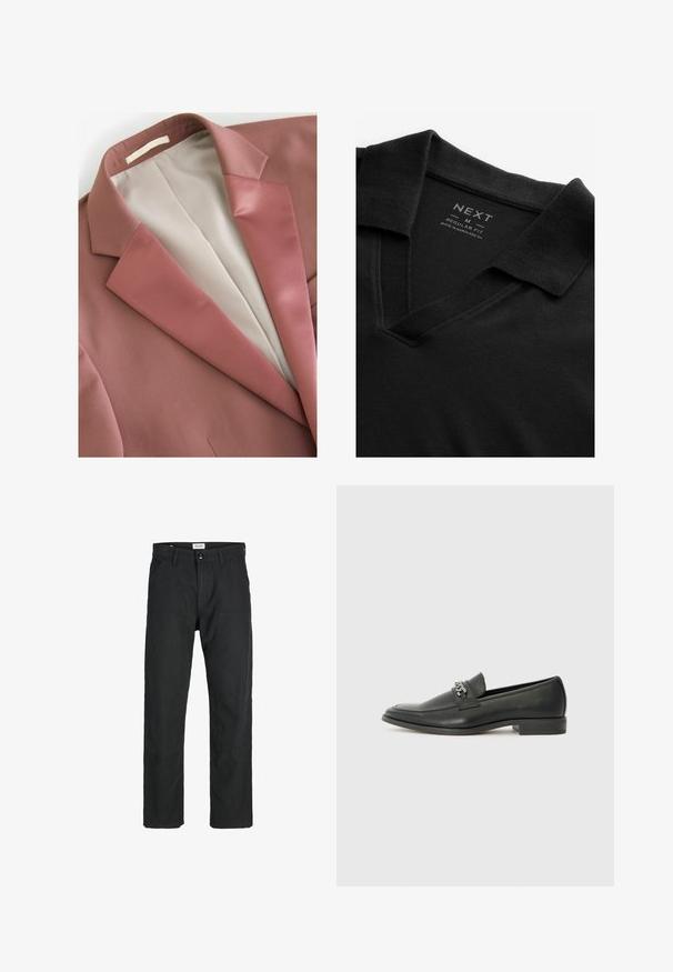 Rustkrāsas žakete ar gludu tekstūru, kurai ir satīna apkakle un krēmkrāsas oderes. Vienkāršs dizains bez redzamām rakstiem vai aparatūras.; Melnā polo krekls ar V veida kakla izgriezumu un teksturētu audumu. Iekļauj salocītu apkakli un etiķeti ar zīmola un izmēra informāciju. Regulāra pieguļamība.; Melnas bikses no izturīga auduma, ar taisna griezuma dizainu, izšūtām akcentiem un divām priekšējām kabatām funkcionālitātei.; Melna ādas loafer izmēra apavi ar gludu virsmu, piedāvā ar šūtu dizainu un dekoratīvu metāla ķēdes akcentu pār vampu. Plakana papēža daļa.