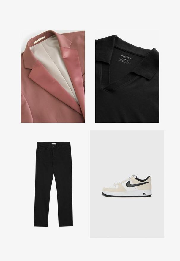 Ruda marynarka o gładkiej strukturze, z satynowym klapą i kremowym podbiciem. Prosty fason bez widocznych wzorów czy elementów metalowych.; Czarna koszulka polo z dekoltem w serek i teksturowanym materiałem. Posiada złożony kołnierzyk oraz metkę z informacjami o marce i rozmiarze. Regularny krój.; Czarne jeansy straight-leg z pięcioma kieszeniami, zapięcie na guzik i zamek błyskawiczny oraz metka marki Pier One na pasku.; Sneakers z jasnobeżowym zamszem i białą skórzaną cholewką, czarnym logo Nike, czarnymi akcentami i białą gumową podeszwą z logo "AIR".