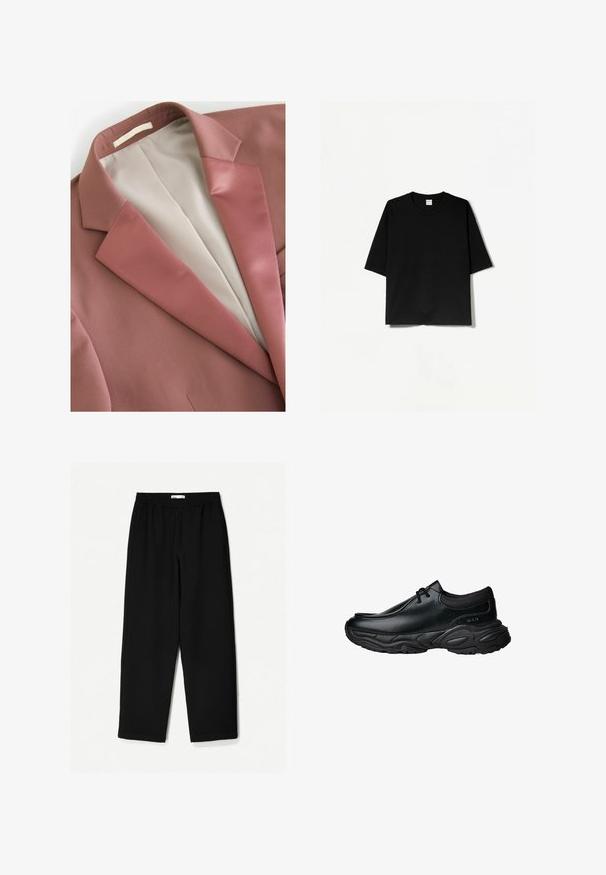 Roodbruin colbert met een gladde textuur, voorzien van een satijnen revers en een crèmekleurige voering. Eenvoudig ontwerp zonder zichtbare patronen of hardware.; Zwart T-shirt met korte mouwen en een ronde hals, gemaakt van zachte stof, met een losse, boxy pasvorm en een minimalistisch ontwerp.; Zwarte, wijde broek van een lichtgewicht stof. Voorzien van een elastische tailleband en een soepele textuur. Geen zichtbare patronen of hardware.; Zwarte leren instapschoenen met een ronde neus en een dikke, gestructureerde rubberen zool. Bevat subtiele stiksels en elastische accenten bij de kraag.
