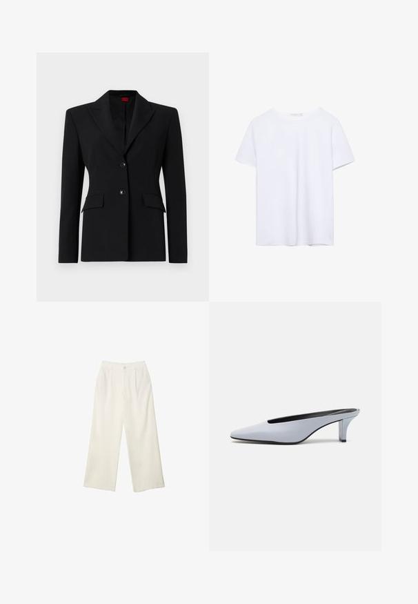 Čierny blazer z hladkej tkaniny, s výstrihom do "V", dvoma gombíkmi a dvoma prednými vreckami. Strih s úzkym, priliehavým dizajnom.; Hladké biele tričko s krátkym rukávom a okrúhlym výstrihom, s rovnými lemami, vystavené na bielom pozadí.; Široké nohavice z krémovej látky s hladkou textúrou, s jedným predným gombíkom, jemnými skladmi a vysokým pásom.; Svetlomodrá lakovaná mule s špicatou špičkou, nízkym priehľadným opätkom a elegantným dizajnom s vykrojením na prednej časti.