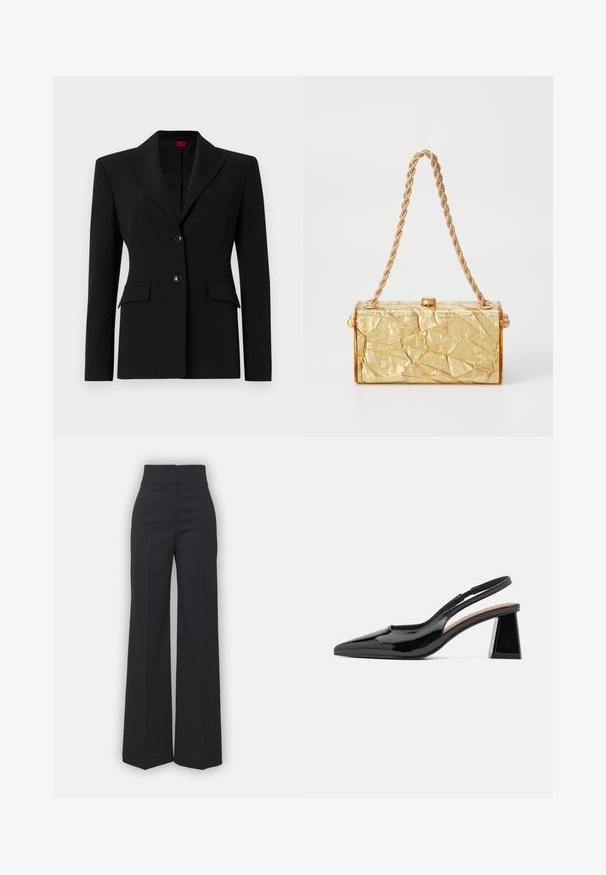 Czarny żakiet wykonany z gładkiego materiału, z kołnierzem z wykrojem, dwoma guzikami i dwiema przednimi kieszeniami. Dopasowany, skrojony fason.; Czarny top z długim rękawem i dekoltem w serek, wykonany z miękkiego, gładkiego materiału; dopasowany krój z prostym dołem i bez widocznych szwów.; Szerokie spodnie w czarnym materiale z wysokim stanem, charakteryzujące się czystym wykończeniem i gładką teksturą. Brak widocznych elementów metalowych i wzorów.; Czarne lakierowane szpilki z odkrytymi piętami i spiczastym noskiem, z unikalnym geometrycznym obcasem i gładką powierzchnią. Regulowany pasek dla wsparcia.; Złota torebka o pomarszczonej fakturze w kształcie prostokąta, z łańcuszkowym paskiem i zapięciem klapkowym na górze. Gładkie, błyszczące wykończenie.
