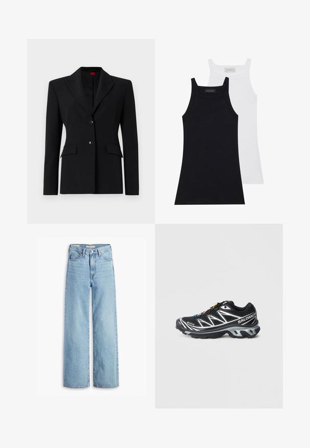 Crni sako od glatkog materijala s izrezanim ovratnikom, dva dugmeta i dva prednja džepa. Krojen, prilagođen dizajn.; Dva bezrukavnih topa u crnoj i bijeloj boji. Izrađeni su od mekog, rastezljivog materijala s rebrastom teksturom i prilagođenim dizajnom. Imaju uske naramenice.; Farmerke s visokim strukom, svijetloplave boje, širokih nogavica, s prednjim gumbom i patentnim zatvaračem, petljama za pojas i stilizacijom s pet džepova.; Crne trkačke tenisice sa srebrnim akcentima, GORE-TEX materijalom, teksturiranom potplatom i šarenim vezicama. Imaju jastučić na peti za podršku.