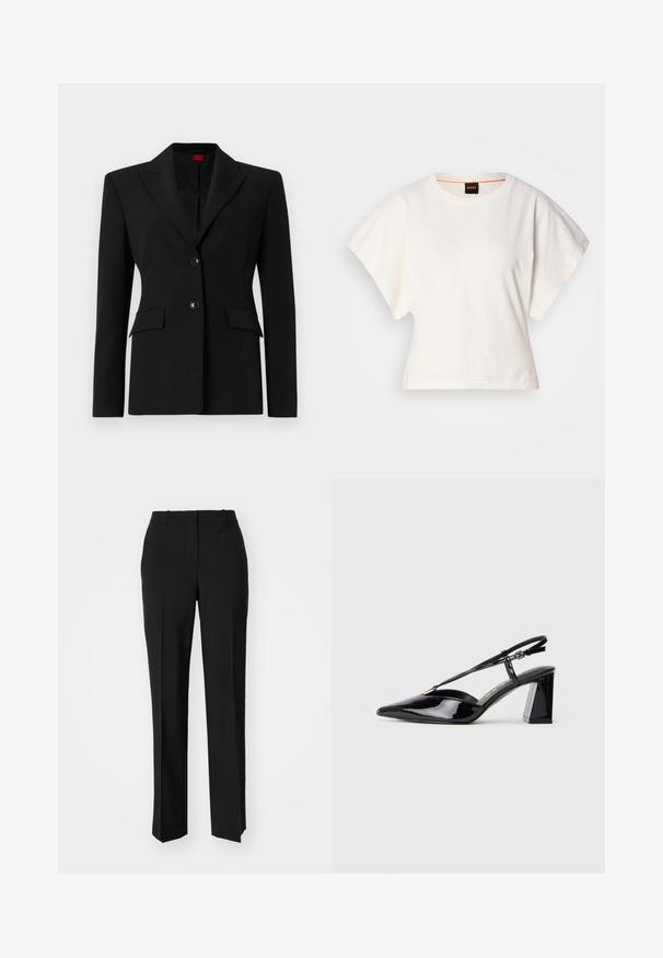 Juodas švarkas, pagamintas iš lygaus audinio, su išpjovomis ant apykaklės, dviem mygtukais ir dviem priekinėmis kišenėmis. Šiurkštus, prigludęs dizainas.; Baltas trumpas marškinėliai, plačios trumpomis rankovėmis, minkšta medvilnė, apvali kaklo iškirptė su subtiliu oranžiniu apvadu, minimalus dizainas, be raštų ar grafikų.; Juodi pritaikyti kelnių modeliai su tiesiomis kojomis, pasižyminčios lygiomis tekstūromis ir ryškiomis klostėmis priekyje. Nėra matomų detalių.; Juodos lakinės odos aukštakulnės basutės su smailiu pirštu, reguliuojama juosta ir storu stačiakampiu kulnu.