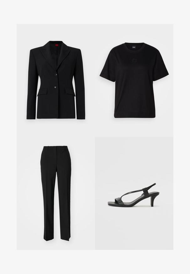 Juodas švarkas, pagamintas iš lygaus audinio, su išpjovomis ant apykaklės, dviem mygtukais ir dviem priekinėmis kišenėmis. Šiurkštus, prigludęs dizainas.; Juodas medvilninis marškinėliai su apvalia iškirpte, trumpomis rankovėmis ir siuvinėjimu ant krūtinės. Paprastas, laisvas siluetas be raštų.; Juodi pritaikyti kelnių modeliai su tiesiomis kojomis, pasižyminčios lygiomis tekstūromis ir ryškiomis klostėmis priekyje. Nėra matomų detalių.; Juodos aukštakulnės basutės su plona dirželių konstrukcija, kvadratiniu pirštu ir vidutinio aukščio blokuotu kulnu. Pagamintos iš lygios odos su matiniais paviršiais.