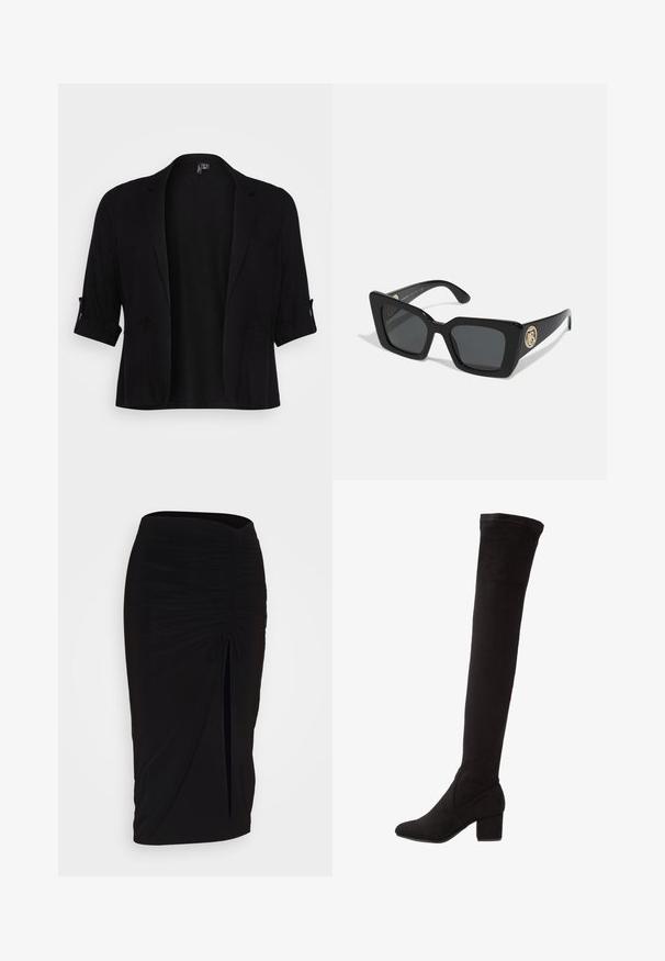 Melnā žakete, kas izgatavota no mīksta auduma, ar šalu apkakli, sarullētām piedurknēm, divām priekšējām kabatām un atvērtu priekšpusi.; Melna adīta džemperis ar asimetrisku apkakli, garām piedurknēm un ribotu faktūru, ar brīvu siluetu un apakšmalu.; Melna, ručām veidota zīda svārku ar saišu detaļu un sānu izgriezumu. Izgatavota no elastīga auduma, ar gludu tekstūru un pieguļošu dizainu.; Melna zamšādas zābaki līdz ceļiem ar bloku papēdi, ar gludu tekstūru un pieguļošu dizainu, kas stiepjas virs ceļa.; Melni kvadrātveida saulesbrilles ar tumšiem objektiem un spīdīgām melnām kājām. Sānos ir zelta apaļa dekoratīvā detaļa. Virsma ir gluda.; Rožu zelta aproce ar divām savijām joslām, no kurām viena ir rotāta ar dimanta rindiņu, ar gludu virsmu un gludiem malām.