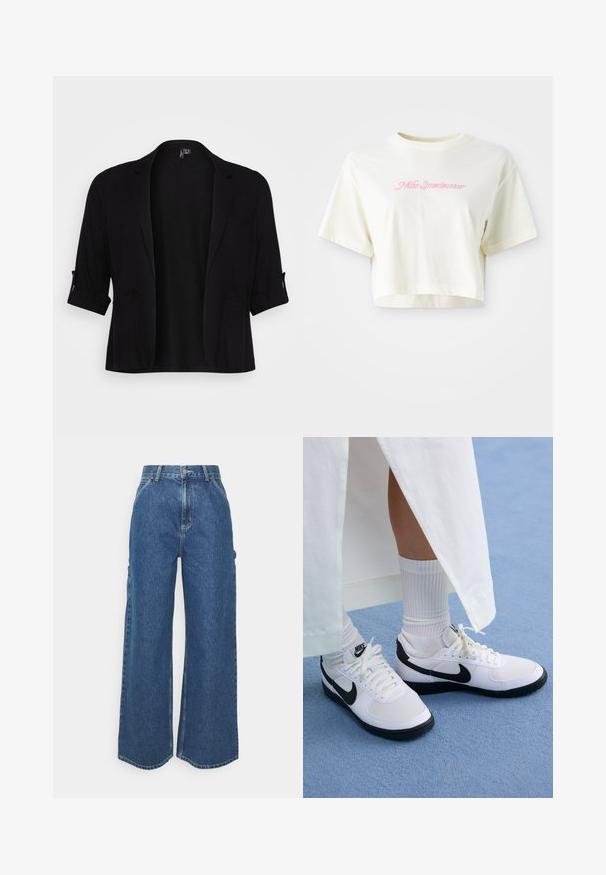 Black blazer made from soft fabric, featuring a shawl collar, rolled sleeves, two front pockets, and an open front design.; Cropped, cream-colored t-shirt made of cotton. Features a pink embroidered logo that reads "Nike Sportwear." Short sleeves and a round neckline.; Wide-leg blue denim trousers with a high waist, contrasting stitching, and side pockets, featuring a classic five-pocket design and raw hems.; White Nike sneakers with black accents, featuring a smooth leather upper, white laces, and sturdy rubber outsoles, paired with white ribbed socks.