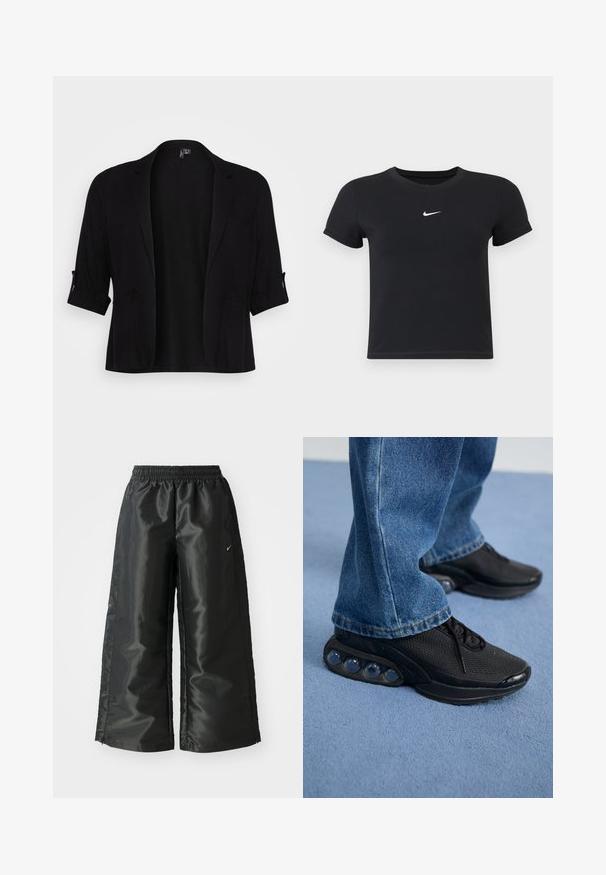 Blazer nero realizzato in tessuto morbido, con colletto sciallato, maniche arrotolate, due tasche frontali e design aperto.; T-shirt nera a maniche corte in cotone con scollatura rotonda. Presenta un logo Nike bianco sul petto, un design minimalista e una forma aderente.; Pantaloni sportivi neri con un tessuto lucido e morbido, dotati di una vita elasticizzata, gambe larghe e un piccolo logo sul lato sinistro.; Scarpe da ginnastica nere con tomaia in rete, dettagli testurizzati e pod di ammortizzazione visibili nella suola. Indossate con jeans in denim blu.