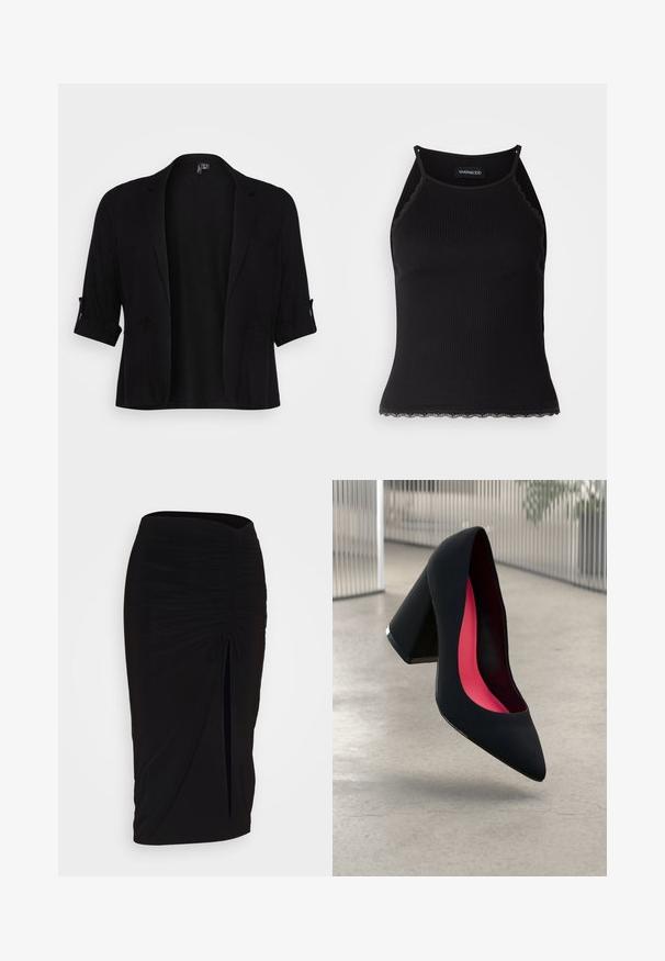 Czarna marynarka uszyta z miękkiego materiału, z kołnierzem typu szal, zwiniętymi rękawami, dwoma przednimi kieszeniami i otwartym przodem.; Czarny ribbed top na ramiączkach z falbaniastym koronkowym wykończeniem u dołu. Posiada cienkie ramiączka i dopasowany krój. Wykonany z rozciągliwego materiału.; Czarna, marszczona spódnica typu ołówkowego z węzłem i bocznym rozcięciem. Wykonana z elastycznego materiału, o gładkiej fakturze i dopasowanym kroju.; Czarna szpilka o spiczastym nosie, z teksturowaną powierzchnią i intensywnie różowym wnętrzem. Posiada masywny obcas z srebrnym akcentem.