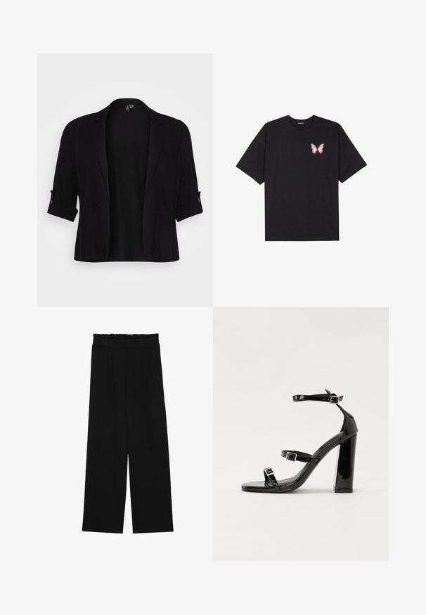 Blazer noir en tissu doux, avec un col châle, des manches retroussées, deux poches avant et un design à l'avant ouvert.; T-shirt en coton noir à manches courtes, avec un petit graphique de papillon rose sur la poitrine gauche. Modèle à col rond avec une coupe décontractée.; Pantalons larges noirs à taille volante, dotés de deux poches latérales et d'un tissu lisse et léger. Pas de motifs ni de matériel visible.; Sandales à talons vernies noires avec un bout carré, des sangles autour de la cheville et des boucles en argent. Dotées d'un talon bloc épais pour plus de stabilité.