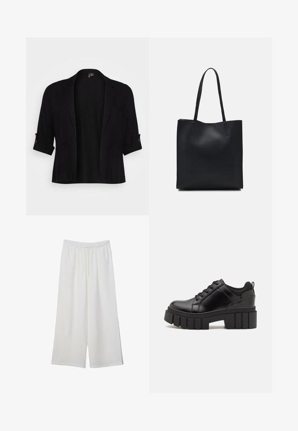 Mustat bleiseri pehmeästä kankaasta, jossa on shaali-kaulus, kääntöhihoja, kaksi etutaskua ja avoin etuosasuunnittelu.; Mustat lyhyet hihavat t-paidat, jotka on valmistettu puuvillasta. Ominaisuuksiin kuuluu pyöreä kaula-aukko ja löysä istuvuus sekä sileä, yksinkertainen pinta. Ei näkyviä kuvioita tai koristeita.; Valkoiset leveälahkeiset housut, jotka on valmistettu kevyestä kankaasta. Niissä on joustava vyötärö ja nauha säädettävää istuvuutta varten. Sileä pinta.; Mustat nahkakengät, joissa on lättihenkinen korko, pyöreä kärki ja perinteinen nauhakiinnitys. Ominaisuuksiin kuuluu sileä pintakuvio ja minimaalinen yksityiskohtaisuus.; Mustapahkainen kangaskassi, jossa on sileä pinta, suorakaiteen muotoinen ja kaksi pitkää kahvaa. Ei näkyvää metalliosaa tai koristeita.