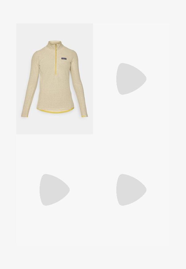 Pull beige avec une fermeture éclair quart, motif zigzag texturé, manches longues et ourlet jaune. Logo Patagonia sur la poitrine gauche.; Débardeur sans manches couleur vert olive avec un col rond, fabriqué dans un tissu lisse, présentant une coupe légèrement décontractée et un ourlet arrondi.; Shorts orange clair en matériau léger, dotés de deux grandes poches avant avec des rabats beiges et d'une ceinture marron réglable.; Columbia NEWTON RIDGE™ PLUS - Chaussures de marche - black/chalk