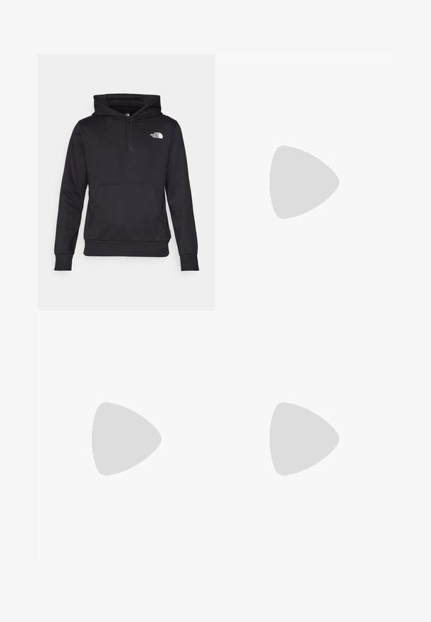 Svart hettegenser laget av mykt stoff, med en frontlomme, snorhette og hvit logo på brystet.; Langermet svart prestasjonstrøye laget av lett stoff, med en hvit logo på øvre venstre bryst. Glatt tekstur.; Lyse orange skibukser med sorte detaljer ved kanten. Har to glidelåslommer på lårene og en forsterket midje.; Lys grå terrengløpesko med beige detaljer, teksturert overdel, sorte snørebånd og markert mønster på sålen. Inkluderer merkevarelogo.