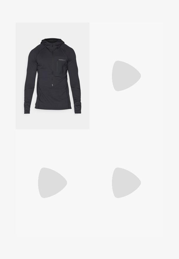 Černé výkonnostní tričko s kapucí a dlouhými rukávy, přední kapsa na zip a texturovaná tkanina. Obsahuje prošívané detaily a přiléhavý střih.; Bílý tričko s krátkým rukávem z bavlny, s kulatým výstřihem a malým námořnickým logem "patagonia" na levé hrudi.; Kraťasy vyrobené z tmavě šedé látky s kontrastním světlým šedým bočním panely. Mají dvě kapsy na zip vpředu a pásek.; Hnědé nepromokavé sneakers s texturovaným svrškem, perforovanými detaily, černým oporou paty a šedou gumovou podrážkou. Šňůrky mají kovové konce.