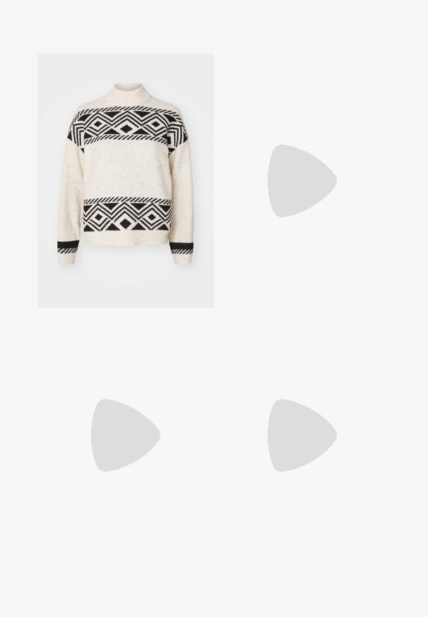 Knitted pullover sweater in cream with geometric black patterns, high neck, and ribbed cuffs. Soft texture with contrasting black stripes.; Three long-sleeve tops stacked: black, grey, and white. Each has a round neckline and a cropped design with smooth, lightweight fabric.; Black corduroy wide-leg pants with a high waist, featuring two front pockets and a metal button closure. Textured fabric with vertical ridges.; Brown suede ankle boots with white faux fur trim and platform sole, featuring a cross-strap design. Smooth texture and rounded toe.