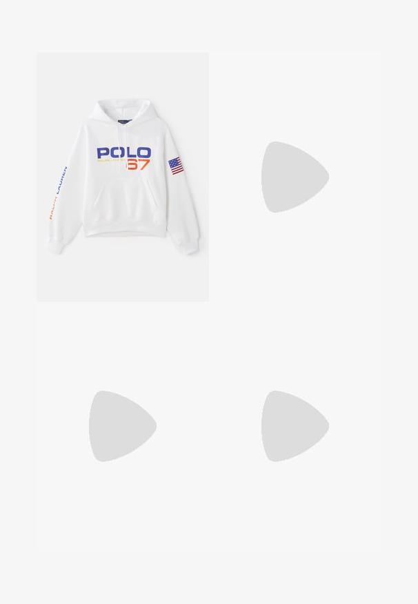 White hooded sweatshirt featuring "POLO 67" in blue and orange, with "RALPH LAUREN" in blue on the sleeve and an American flag patch.; Navy blue polo shirt made of cotton with short sleeves, three-button placket, and a red embroidered logo on the left chest.; Navy blue sweatpants with elastic waist and drawstring, tapered cuffs, and a small red logo on the left thigh. Soft fabric texture.; White leather sneakers with a smooth finish, navy accents, and a small logo on the side. Features flat laces and textured rubber sole.